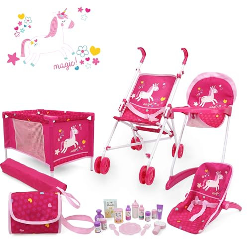 509 Crew 21 Piece Doll Stroll n Play & Care Combo Set, Doll Stroller, Doll Playard, Doll High Chair Set, Carry Cot, Diaper Bag, Feeding and Grooming Accessories, Ages 3+