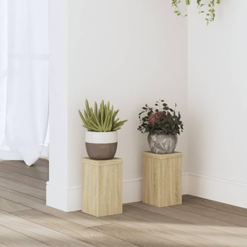 Homgoday Soporte para plantas, 2 unidades, soporte para flores, columna de flores, decoración para interiores, roble Sonoma, 10 x 10 x 18 cm, material de madera