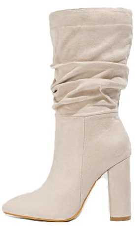 WOkismD Bottes Hautes au Genou pour Femmes avec Talon épais et Bout Pointu en Daim à Enfiler, Bottes Longues à Mollet Large, Chaussures de soirée Tendance pour Rendez-Vous,Beige,38