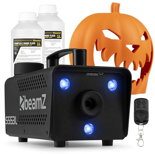BeamZ S553l Máquina de humo decoración de Halloween con cabeza de calabaza LED, 550w con 2L de líquido, decoración de calabaza, 16 colores efecto de luz, efecto de sonido, máquina de humo mini