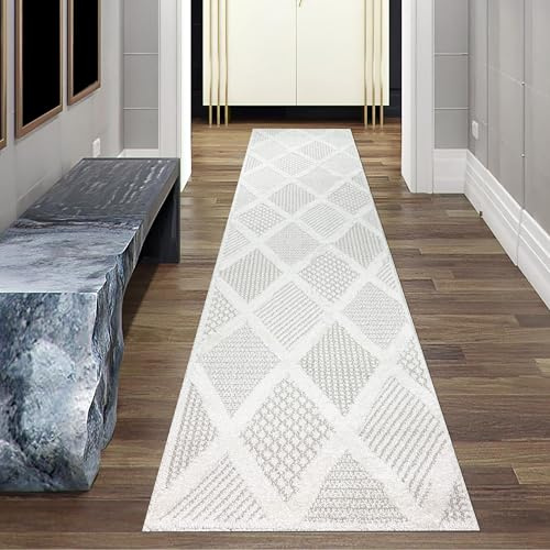 Teppich-Traum Teppich Wohnzimmerteppich Flurteppich Läufer Eingangsbereich strapazierfähig moderner stylisch mit verschieden gemusterten Rauten in Creme grau, 80 x 300 cm