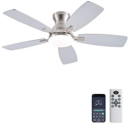 JSAITEE Ceiling Fans with Lights, 42 Inch Low Profile Ceiling Fan with Light and Remote Control, Flush Mount, DC Reversible Motor, Noiseless, Nickel 6 Speeds Ceiling Fan for Bedroom
