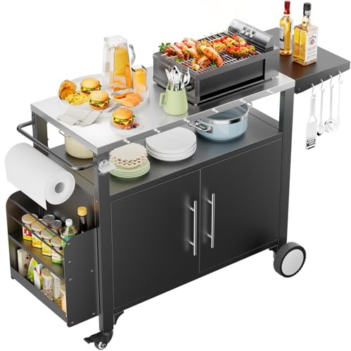 MODCART Outdoor Grill Cart with Storage, Movable Outdoor Grill Table for Parties and Home Gatherings, Waterproof Patio Kitchen Island with Hooks and Spice Rack,Versatile BBQ Serving Cart