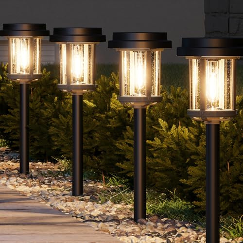 XMCOSY+ Solar Pathway Lights Outdoor, 20 LM LED Solar Garden Lights Seeded Glass, Waterproof IP65 Metal Outdoor Solar Lights for Yard Path Lawn Walkway Driveway Backyard (‎Black & Grey)