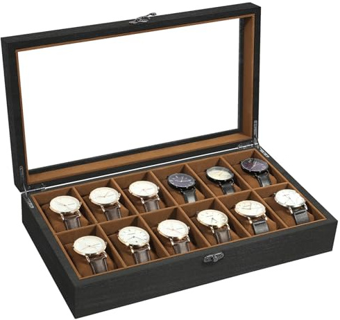 Uten Boîte à Montres 12 Compartiments, Coffret à montres en Bois, Couvercle en Verre, Coffret de Rangement pour Montres pour Hommes et Femmes, Coussinets Coton de Soie, Doublure Marron, Idée Cadeau
