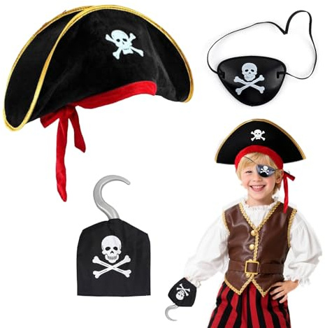 FUIPVGI 3 Pieces Pirate Accessories, Captain Pirate Costume Accessories for Kids Adults Including Hat Eye Patch Hook for Halloween Pirates Party Carnival Cosplay (Black)
