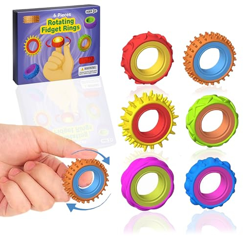 Fidget Sensory Rings – 6 Pack Textured Finger Spinner Rings – Calming Fidget Toys for Autism, ADHD, Anxiety Relief – Quiet Classroom & Office Stress Toys for Adults & Children
