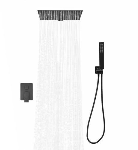 KANBCNG Grifo de ducha empotrado, color negro, cuadrado, sistema de ducha con efecto lluvia, cascada, cabezal de ducha con alcachofa giratoria 360°