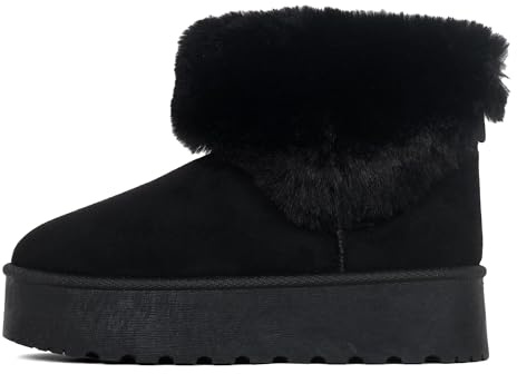 Women Platform Snow Boots – Faux Fur Lined Suede Ankle Boots, Warm Winter Ladies Booties, Fashion Outdoor & Indoor Slip-On Shoes (BLACK, Adult, Women, 4, Numeric, UK Footwear Size System, Medium)