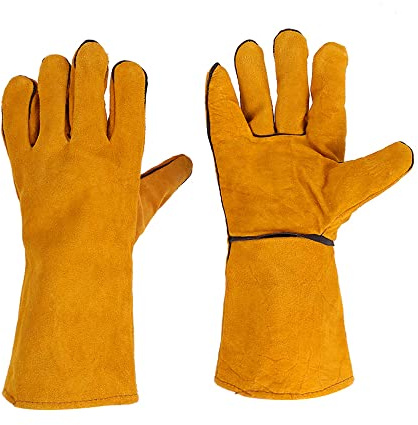 Uadme Guanti da Saldatura, 1 Paio Guanti Isolanti Termici, Guanti Lavoro, per Campeggio all'aperto, Picnic, Barbecue, Cottura al Forno, Camino (Giallo)