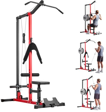 VEVOR Station de Musculation 3 en 1, Machine à Tirage Vertical avec Poulie Haute, pour LAT Pectoraux Triceps Abdos Gym Domicile, Siège Réglable sur 3 Niveaux, Rouleau sur 4 Niveaux, Charge Max. 181 kg