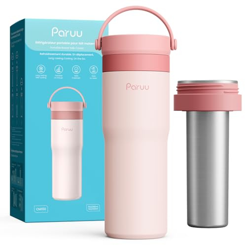 Paruu Portable Breast Milk Cooler, 304 Stainless Steel Breastmilk Chiller for 14–23H Cooling, 10-24oz Breastmilk Storage Container for Travel, Outdoor, New Moms Breastfeeding Essentials, Pink