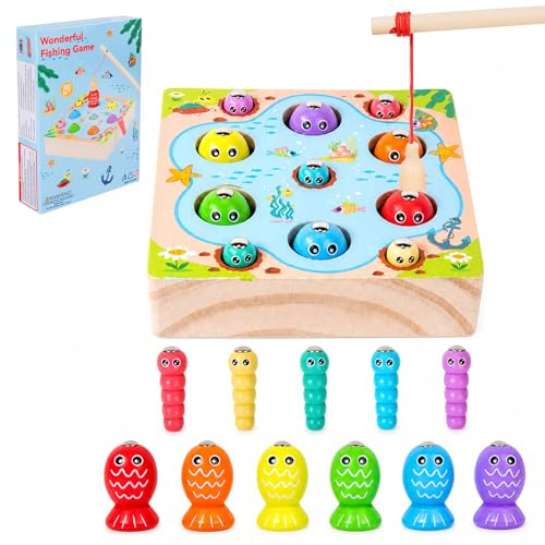 LIULINY Juego de Pesca Magnético, Madera Juguetes Montessori Juego de Pesca