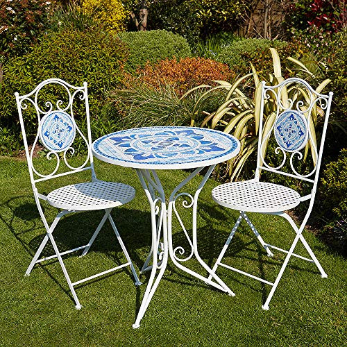 Home Source Fenton Mosaic Bistro Set, White – Blue & White Mosaic, Folding Chairs | 61cm Round Table x 71H cm | 3 Piece Garden Patio Set