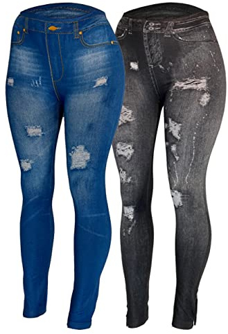 CLOYA Women's Denim Print Fake Jeans Seamless Fleece Lined Leggings, Full Length (Large - X-Large, Black Blue Rustic Pack)