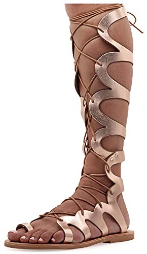 38 Roségold Emmanuela Knieshohe Ledersandalen im antiken griechischen Stil, handgefertigte flache Gladiator sandalen mit offenen Zehen, hochwertige Sommerschuhe zum Binden für Frauen