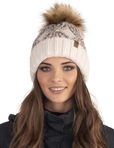 Vivisence Cappello Invernale da Donna con Pompon Fodera Interna in Pile Morbido Realizzato in Filato Caldo Ed Elasticizzato Perfetto per Le Giornate Fredde, Ecru,Taglia Unica
