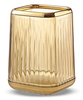 Lebenrich Support de pinceaux de maquillage pour coiffeuse, en acrylique doré avec motif rayé pour comptoir de salle de bain, stylo et crayon cosmétique pour bureau