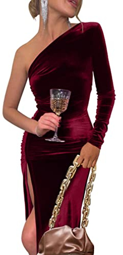 YMDUCH Women's Sexy Elegant One Shoulder Long Sleeve Velvet Ruched Slit Party Long Dress WineRed