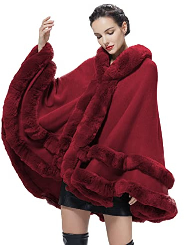 BEAUTELICATE Poncho Fourrure Femme Cape à Capuche Châle Étole Tricoté Manteau Léger pour Automne Hiver Mariage Soirée Gala Mariée Demoiselle d'honneur(Taille Unique, Rouge Vineux)