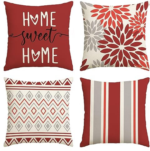 Artoid Mode Rot Dahlien Geometrisch Frühling Kissenbezüge 4er Set, 45x45 cm Zierkissenbezug Cushion Cover Couch Wohnzimmer Außenbereich Deko