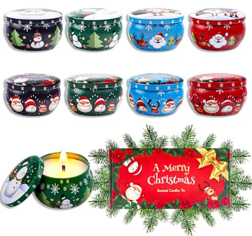 8 pezzi di barattoli per candele di Natale, 2,2 OZ barattoli per candele vuoti, barattoli per candele rotondi, mini barattoli di metallo con coperchio, set regalo di Natale, per la festa di Natale