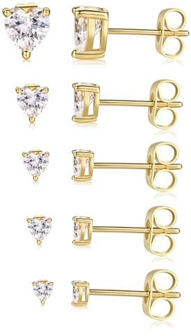 Heart Stud Earrings Set for Women 18K Yellow Gold Plated, 4 Prong Hypoallergenic Cubic Zirconias CZ Studs Earrings Pack of 5 Pairs 3-7mm