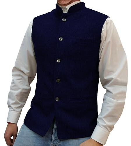 Mens Herringbone Wool Vests Suit Business Tweed High Collar Slim Fit Waistcoats Collar Herringbone Tweed Suit Vest (M,Navy Blue)