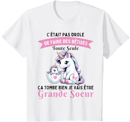 Tee Shirt Grande Sœur et Licorne - Annonce Grossesse Unique T-Shirt, Enfant, Blanc, 6 Ans
