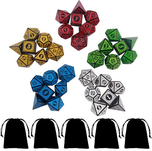ORUZA Polyedrische DND Würfel, 5 x 7 Set (35 Stück) Vintage Engraving Series Polyhedral Würfel Set mit 5 Beuteln, für Dungeon and Dragons MTG Tischspiele RPG DND D4 D6 D8 D10 D% D12 D20