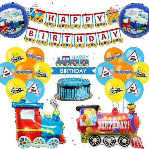 Zug Geburtstagsdeko Dampfzug Luftballons Kit - 35 Stück Zug Party Dekorationen, Happy Birthday Banner, Cupcake Toppers, Verkehr Latexballons, Schulbus Folienballon für Kinder Jungen Geburtstags