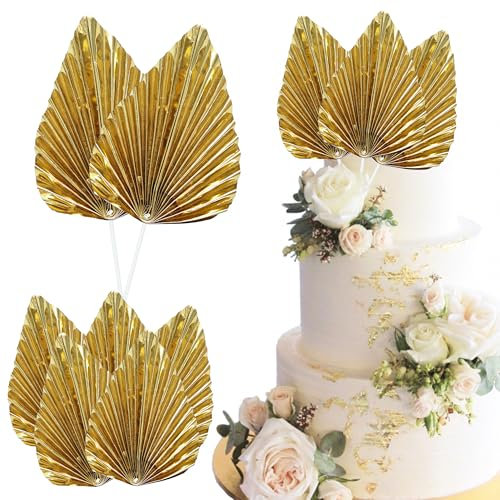 Ephlyn 6Pcs Paper Palm Leaves Fan Cake Toppers Palm Leaf Fan Cake Picks Craft DIY Fan Cupcake Toppers Palm Spear Leaves Cake Decorations for Baby Shower Wedding Birthday Party Supplies Bright Gold