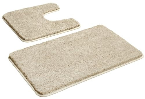 Myting Bad Teppiche Set Weich Mikrofaser Badematte Beige, Badezimmerteppich Set 2 Teilig Badvorleger Waschbar Duschvorleger rutschfest, Flauschiger Badteppich und wc Teppich mit Ausschnitt
