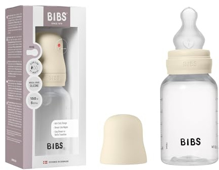 BIBS Baby Bottle 150 ml Silicone Nipple - Anti-Colic, BPA-Free, Round Nipple, Slow Flow, Lightweight & Easy to Clean, Suitable for Newborns 0+ Years - Ivory
