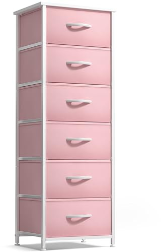Sorbus Fabric Dresser for Kids Bedroom - Chest of 6 Drawers, Tall Storage Tower, Clothing Organizer, for Closet, for Playroom, for Nursery, Steel Frame, Fabric Bins - Wood Handle (Pink)