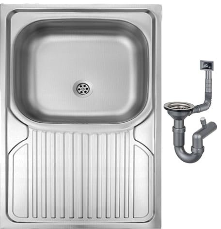 DomoDomo - Évier de cuisine inox 80x60 cm – Évier encastrable 1 bac avec égouttoir, évier de cuisine sans trou pour robinet, évier à poser avec siphon et kit de montage, satiné