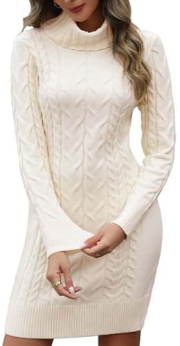heekpek Vestido Punto Mujer Invierno Manga Larga Cuello Alto Vestidos de Mujer Elegantes Vestido Otoño Ajustado Vestidos Jersey, Beige, S