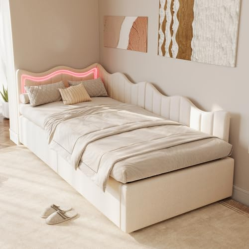Yeutre Lit Coffre 90x200 cm, Canapé Lit 1 Place avec Rangement Hydraulique et Lumière LED, Canapé Lits Enfant Rembourré Multifonction Lits Banquette avec Sommier à Lattes, Velours Teddy, Blanc