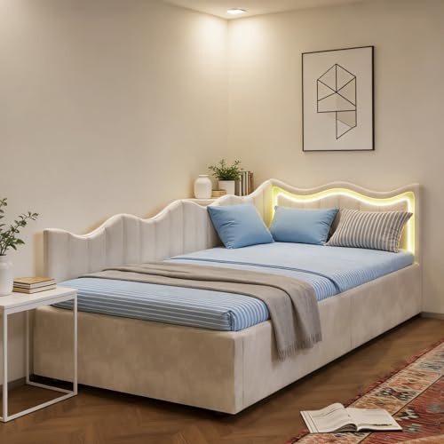 Divano letto imbottito 90x200, letto diurno con LED, divano letto con rete a doghe, letto singolo, letto per ragazzi 90x200, letto idraulico, letto per bambini, letto multifunzione, letto diurno