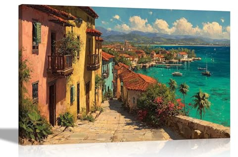 Artley Prints - Caribbean Coast Town Ocean View Canvas Prints Landscape Wall Art Pictures for Living Room Décor Ready to Hang 76 x 50cm (30 x 20 inches)