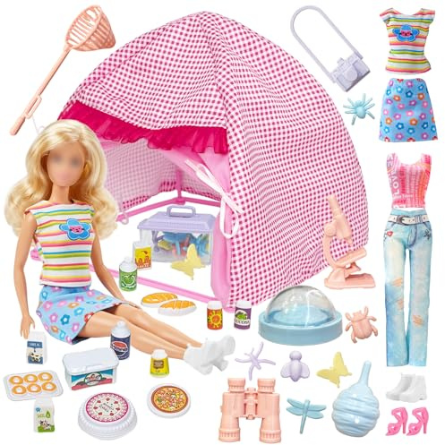 Lot de 35 vêtements de voyage pour poupée - Tente de camping compatible avec Barbie, 1 tente, 4 vêtements, 12 jouets de pique-nique, 15 accessoires d'extérieur, 2 chaussures pour poupée de 29,8 cm
