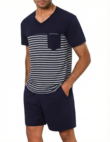 Litherday Pijama Hombre Verano Corto Algodón Conjunto de Pijama Manga Corta Rayas y Pantalon Corto 2 Piezas Suave y Cómodo