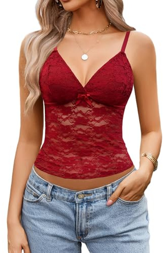 Avidlove Camiseta sin Mangas de Encaje para Mujer Top Sexy con Tirantes Finos Top Corto básico Camisola de Verano con Cuello en V Atuendo para Fiesta y Festival
