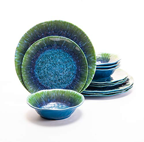Melamine Dinnerware Set 12 PCS Teal Turquoise Tableware Plates Bowls Blue Green Dishwasher Safe Not Microware Not Oven