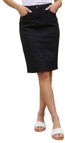 Roman Denim Skirt with Pockets for Women UK - Ladies Jean Skirts Cotton Stretch Mid Wash Fitted A Line Casual Smart Work Office Knee Length Flattering Slimming - Size 10 - Black