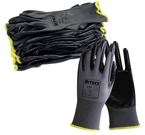 NITREX 250 Gants de travail - Gants de sécurité pour la manutention générale, enduction nitrile résistante à l'abrasion sur la paume, protection mécanique et industrielle - 10 paires - Taille 8