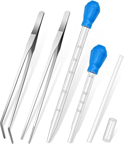 5 in 1 Aquarium Coral Feeder Kit, Luxiv 2 Pcs 60ml and 30ml Aquatic Reef Feeding Dropper with 10in Extender Pipe, 2 Pcs Stainless Steel Straight and Curved Aquarium Tweezers for Feeding Tong (Silver)
