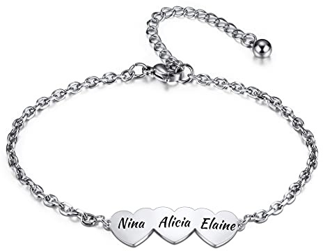 OTXIXTO Pulseras Nombre Personalizado con 2-5 Corazones Grabados Mujer Pulsera con Dijes para Amistad Madre Enlace Ajustable Mejor Regalos para Amigo Cumpleaños Dama de Honor