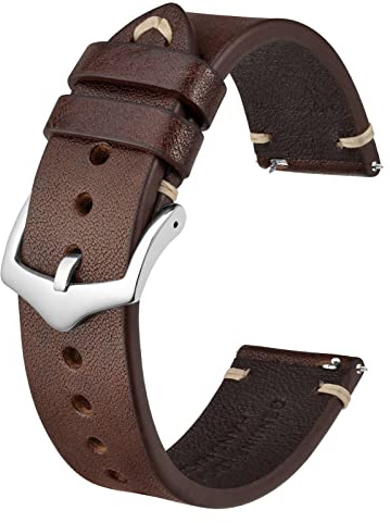BISONSTRAP Men's Watch Bands, Hand-Stitched Leather Watch Straps, Quick Release, 22mm, Coffee Brown with Silver Buckle