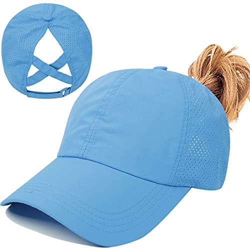 Enwokran Cappello da Baseball da Donna a Coda di Cavallo, Berretto da Baseball in Rete Regolabile Impermeabile ad Asciugatura Rapida, Ponycap Sport all'Aria Aperta (Blu)
